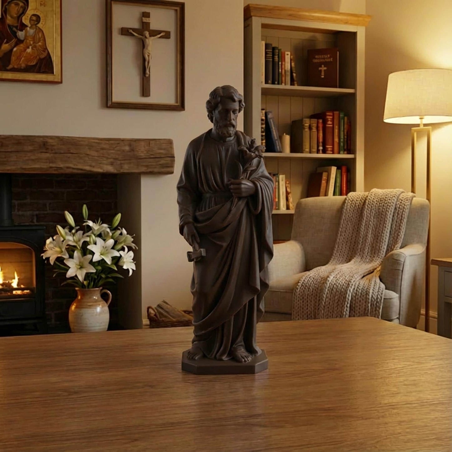 Saint Joseph Holding Staff Statue | Wood-Like Finishing Texture