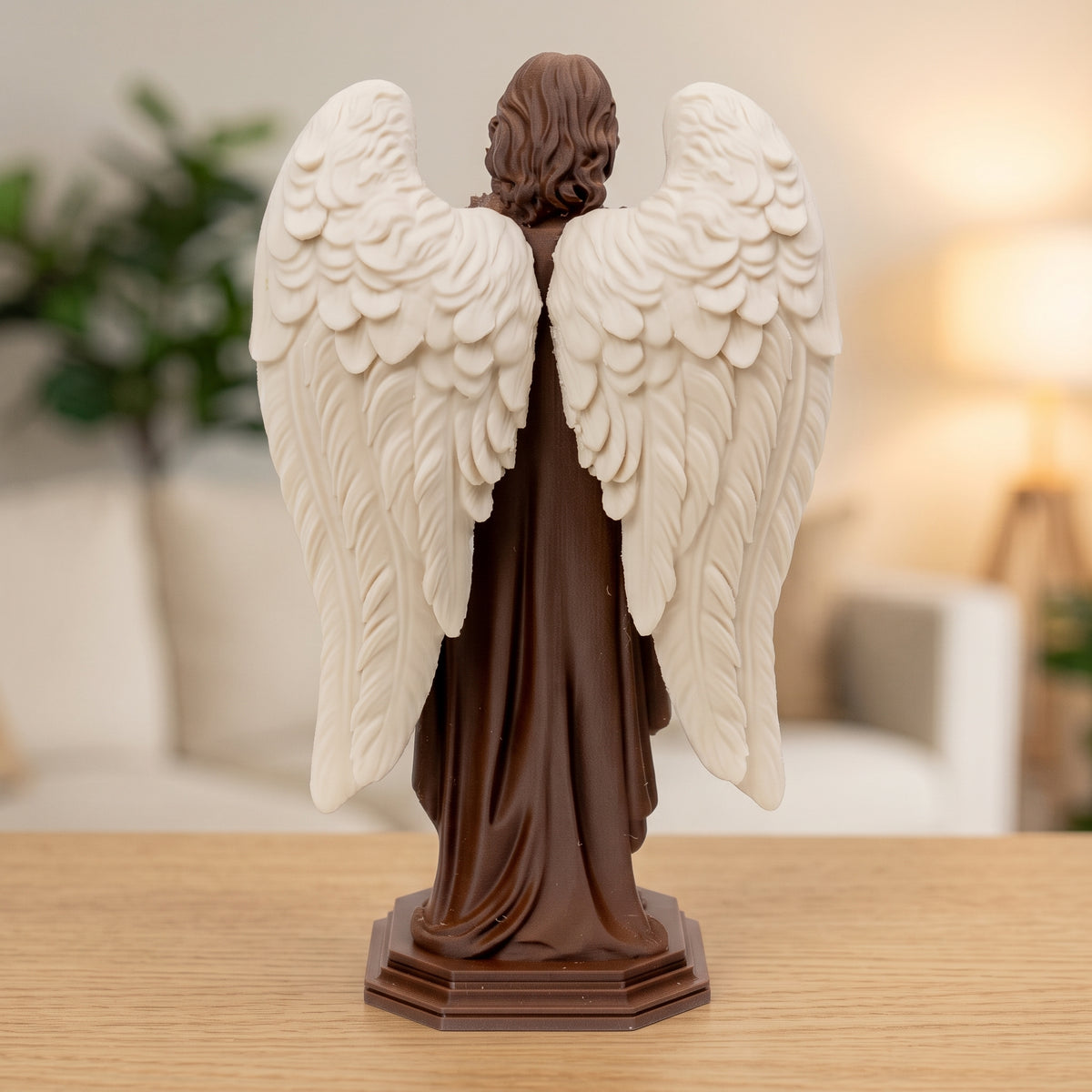 Saint Michael the Archangel With Sword Statue, Walnut Wood Finish, Natural Wings, 6-10 Inch, Catholic Gift