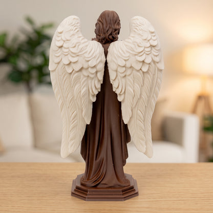 Saint Michael the Archangel With Sword Statue, Walnut Wood Finish, Natural Wings, 6-10 Inch, Catholic Gift