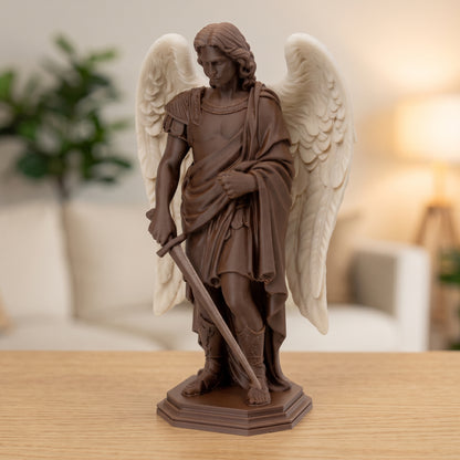 Saint Michael the Archangel With Sword Statue, Walnut Wood Finish, Natural Wings, 6-10 Inch, Catholic Gift