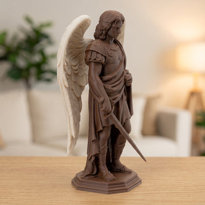 Saint Michael the Archangel With Sword Statue, Walnut Wood Finish, Natural Wings, 6-10 Inch, Catholic Gift