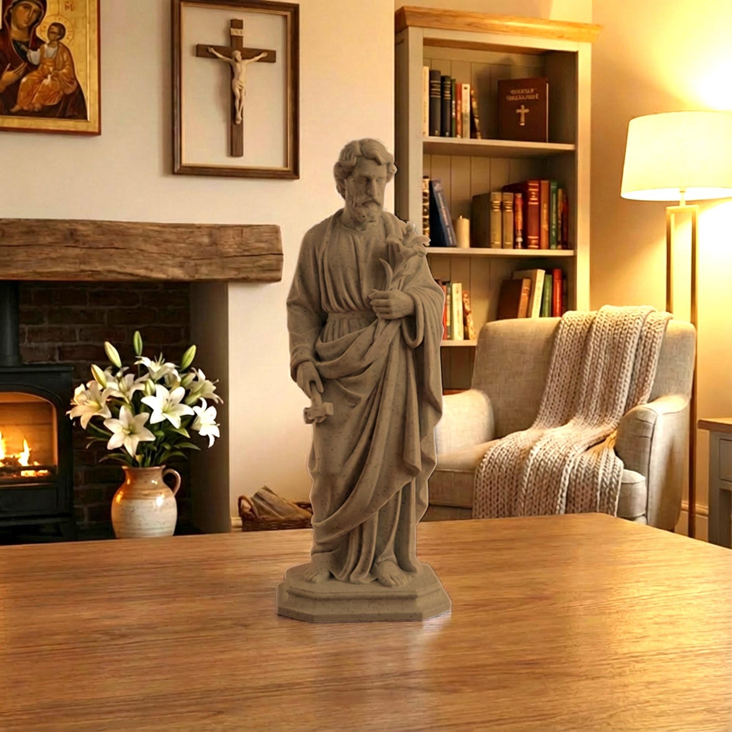 Saint Joseph Holding Lilies Statue | Wood-Like Finishing Texture