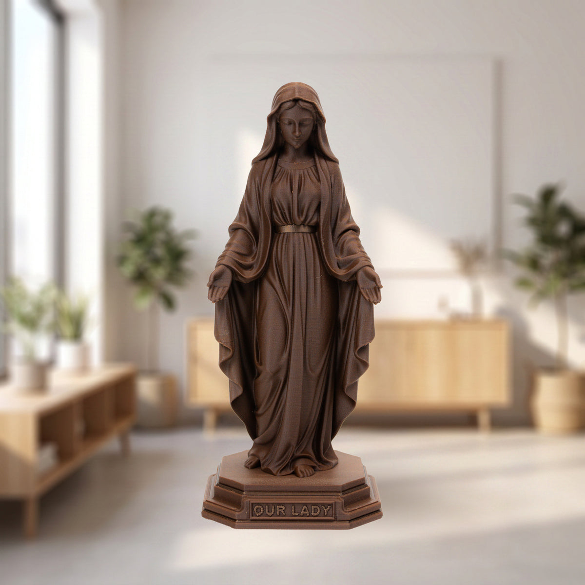 Blessed Virgin Mary Wood Statue, Walnut, Maple, Two-Tone or Copper, 6-10 Inch, Catholic Gift